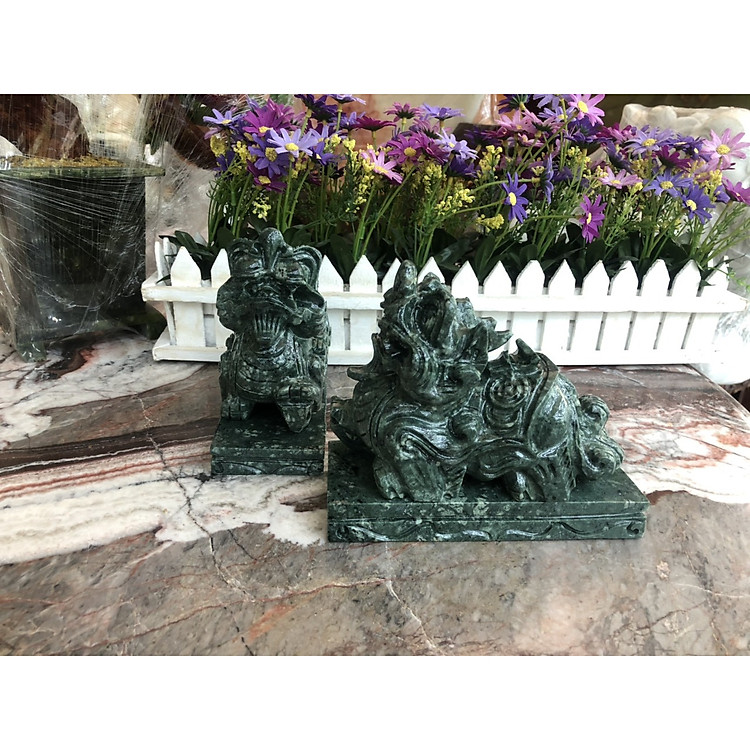 Cặp Tỳ Hưu phong thủy đá ngọc Ấn Độ có đế - Dài 15 cm