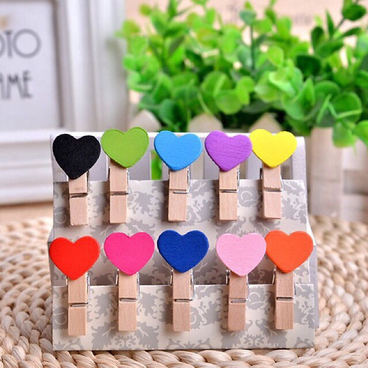 Bộ 10 Kẹp Ảnh Gỗ Hình Trái Tim Đa Sắc - Tặng Kèm 1m Dây Cói