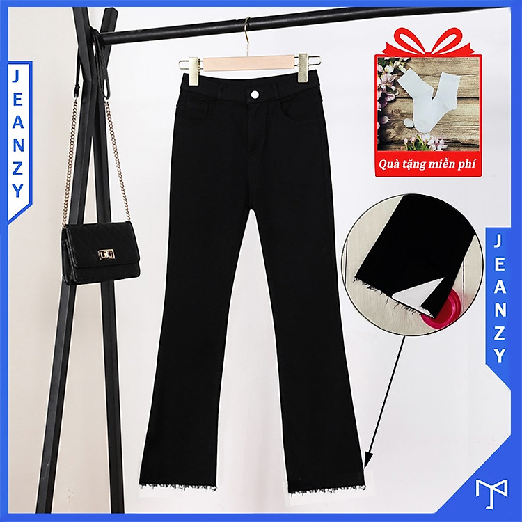 Quần jean nữ ống loe cắt ống xẻ tà màu đen phong cách Ullzang Hàn Quốc