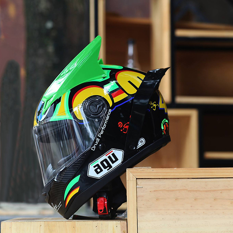 Mũ Bảo Hiểm Phượt Fulface AGU Tem Rùa gắn sừng và Đuôi gió, tặng túi đựng nón