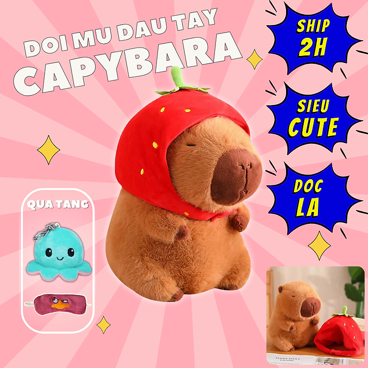 Tìm mua tại Avakids: Thú nhồi bông capybara đội mũ dâu - Ngập tràn khuyến mãi