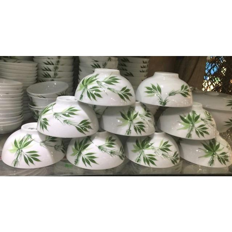 Combo 10 Bát cơm gốm sứ Bát Tràng hoạ tiết trúc xanh