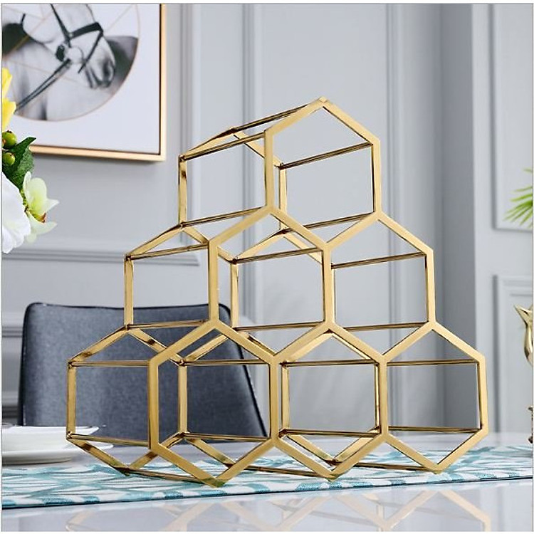 Kệ Rượu Vang Lục Giác Kim Loại Mạ Vàng