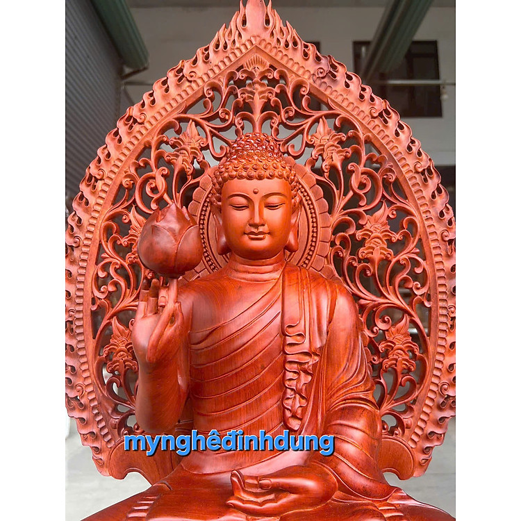Tượng phật liên hoa bằng gỗ hương đá cao 58x36x36cm + lá chắn hào quang cao tổng 80cm