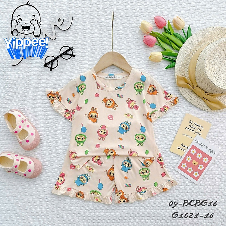 Đồ bộ bé gái, bộ cộc tay mùa hè cho bé gái hình LABUBU size 5-28kg chất cotton mềm mịn mát