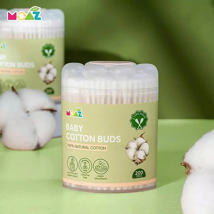 Tăm Bông Vệ Sinh Trẻ Em Moaz Eco Hộp 200 Que Và 480 Que 100% cotton tự nhiên