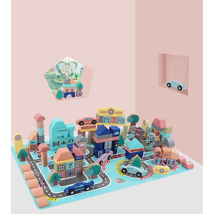 Đồ chơi gỗ thông minh, giáo cụ montessori - Mô hình lắp ghép thành phố bằng gỗ cao cấp Urban Building Block 133 chi tiết