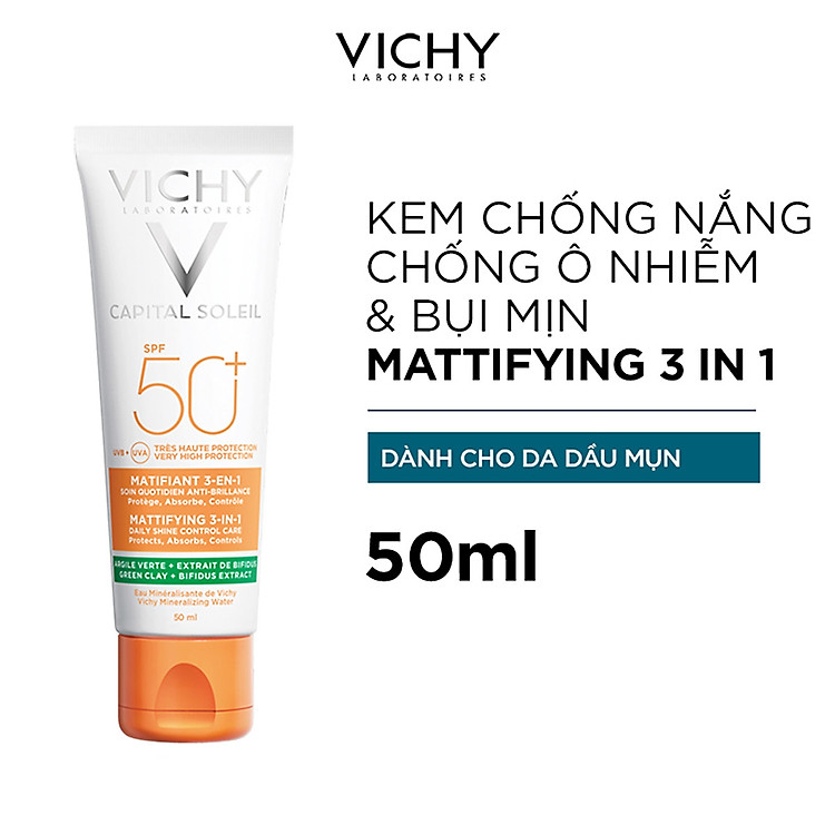 Kem Chống Nắng Vichy Capital Soleil Mattifying 3 in 1 Chống Ô Nhiễm Và Bụi Mịn Hàng Ngày SPF50+ Chống Tia UVA UVB 50ml