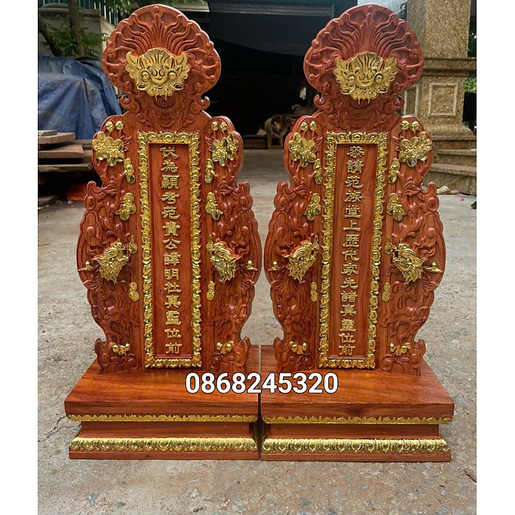Bài vị đồ thờ cúng gia tiên bằng gỗ hương đá kt 68×30×19cm  sơn pu dát vàng cao cấp