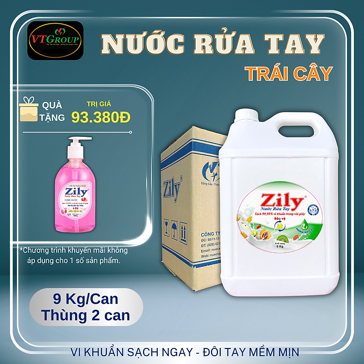 Nước Rửa Tay Zily Can 9Kg (2 Can/Thùng) - Tặng 1 Chai Nước Rửa Tay Zily 500Gr