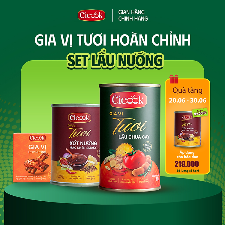 [SET LẨU - NƯỚNG] 1 Lon Xốt lẩu Chua CayCicook 400G + Bộ Xốt Gia Vị Ướp Nướng Mắc Khén Cicook 330G