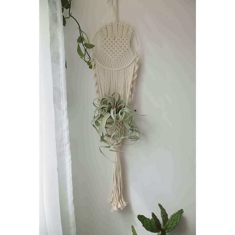 Dây treo tường trang trí chậu cây cảnh lọ hoa Macrame kết hợp vòng tròn đan dây hình trái tim. GTT19321