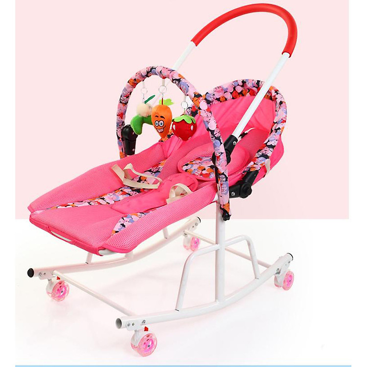 Ghế bập bênh 4in1 kiêm xe đẩy 2 chiều có nhạc và rung mát xa cho bé TẶNG mùng và đồ chơi kèm theo (hồng)