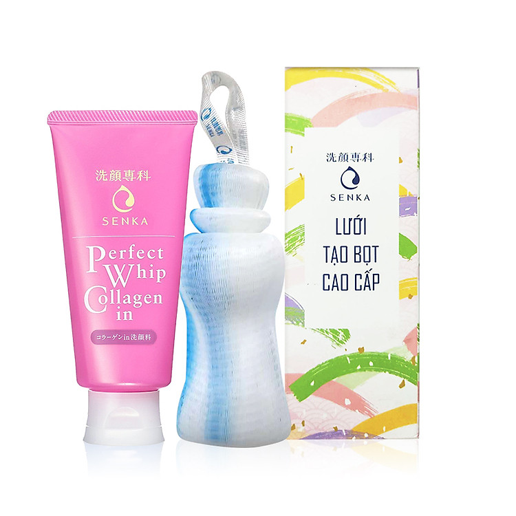 Bộ Đôi Sữa Rửa Mặt Tạo Bọt Collagen Senka Perfect Whip Collagen In 120g Tặng Lưới Tạo Bọt