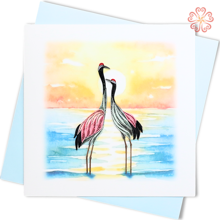 Thiệp Giấy Xoắn Nghệ Thuật - Đôi Hạc Hoàng Hôn - Sunset Cranes - Animals - 15 x 15 - VN2XM115D61NN