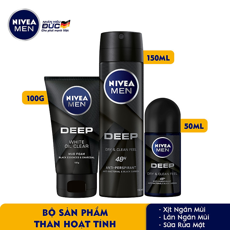 Bộ 3 sản phẩm Xịt và Lăn Ngăn Mùi NIVEA MEN DEEP Than Đen Hoạt Tính (Xịt 150ml - 80027 & Lăn 50ml - 80031) & Sữa Rửa Mặt NIVEA MEN DEEP Than Đen Hoạt Tính Hút Nhờn Sáng Da (100G) - 84415