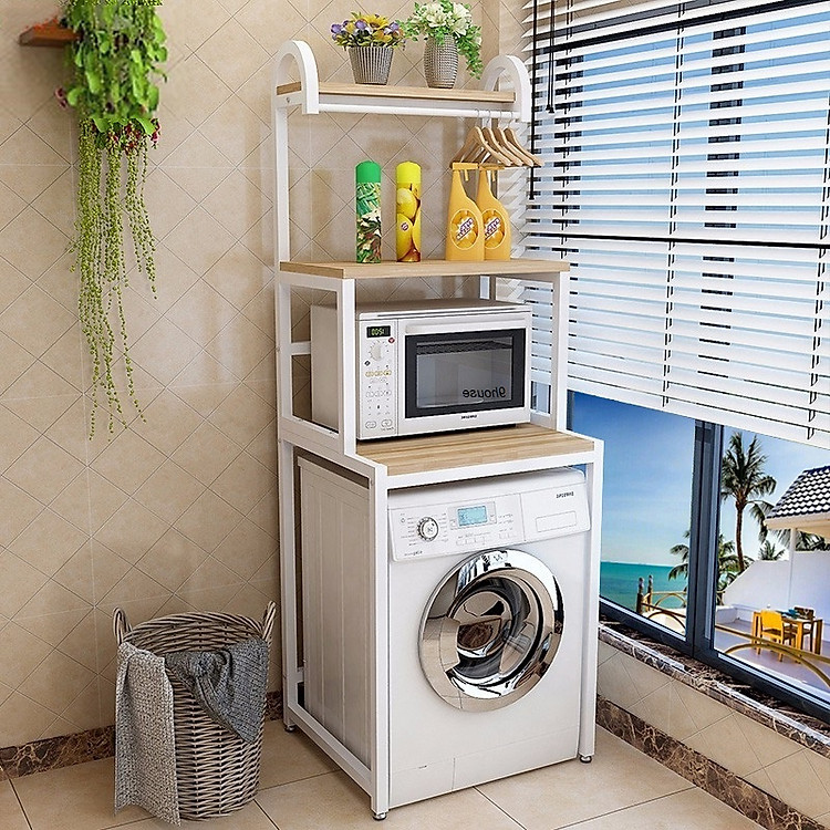 Kệ máy giặt 3 tầng cửa trước KMG02, khung thép dày dặn sơn tĩnh điện chống bong tróc, gỗ lõi xanh phủ melamine chống nước cực bền, tiết kiệm không gian,Sản xuất tại Việt Nam