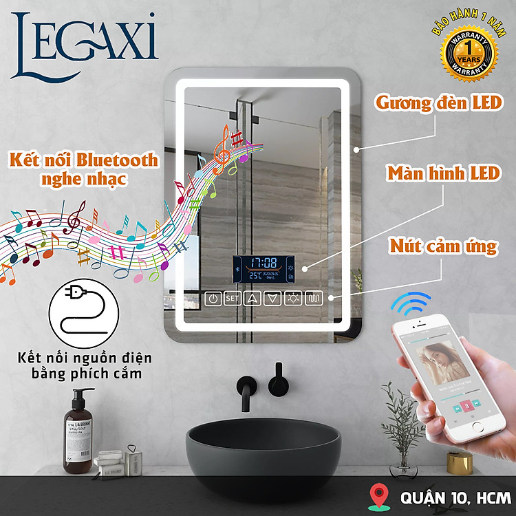 Gương Đèn LED Chữ Nhật Cảm Ứng Thông Minh Treo Tường Nhà Tắm, Phòng Ngủ Legaxi