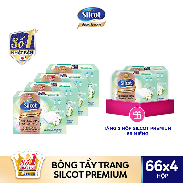 Bộ 4 Bông tẩy trang cao cấp Silcot Premium hộp 66 miếng tặng 2 hộp Silcot cùng loại