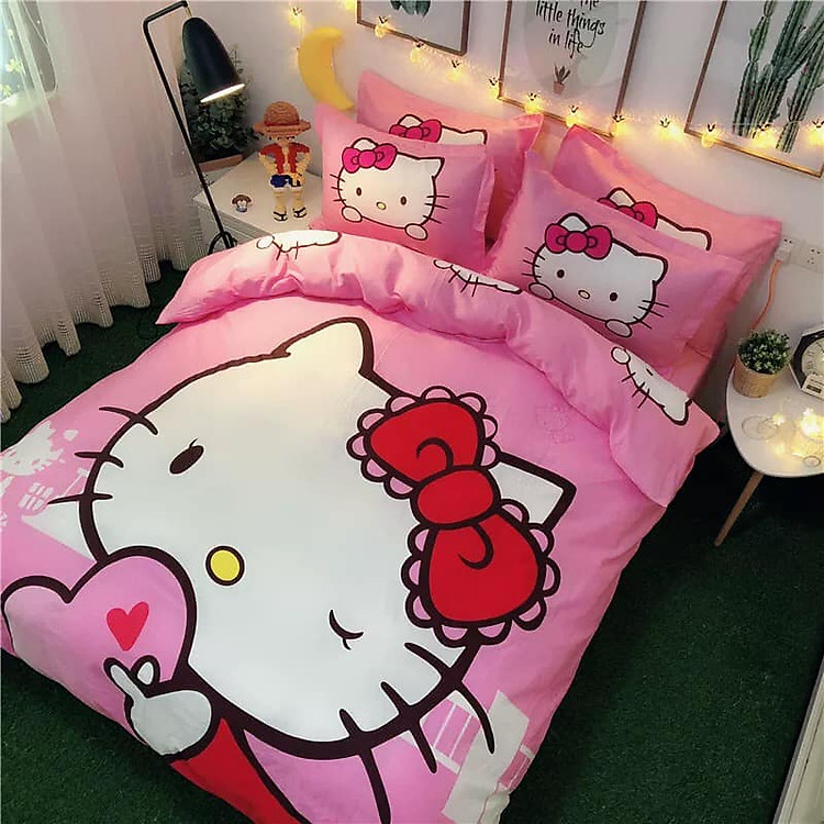 Vỏ Chăn ga gối cotton poly màu hồng họa tiết mèo máy cho bé