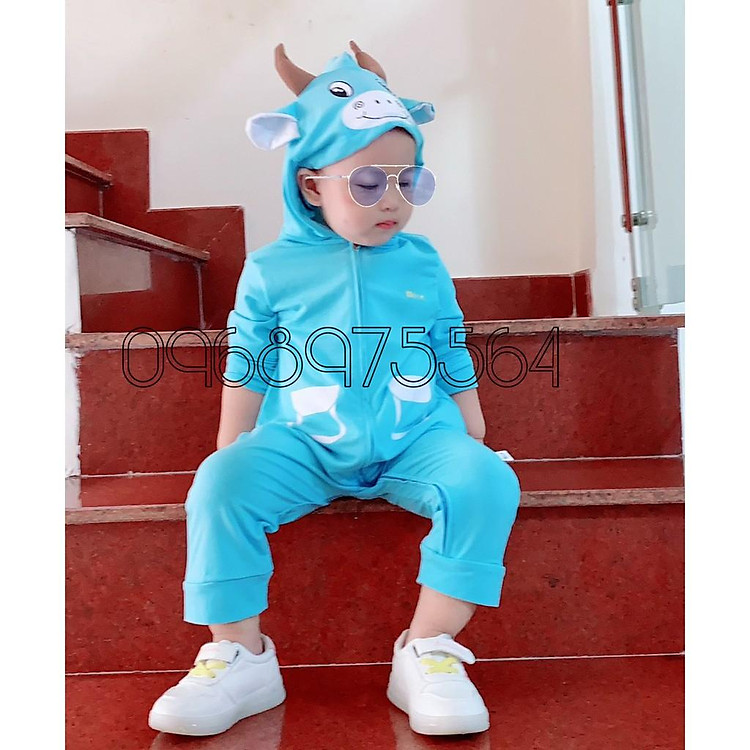 Quần áo trẻ em, trẻ sơ sinh hình thú Trâu Xanh vải cotton dài tay cho bé 4 - 15 kg