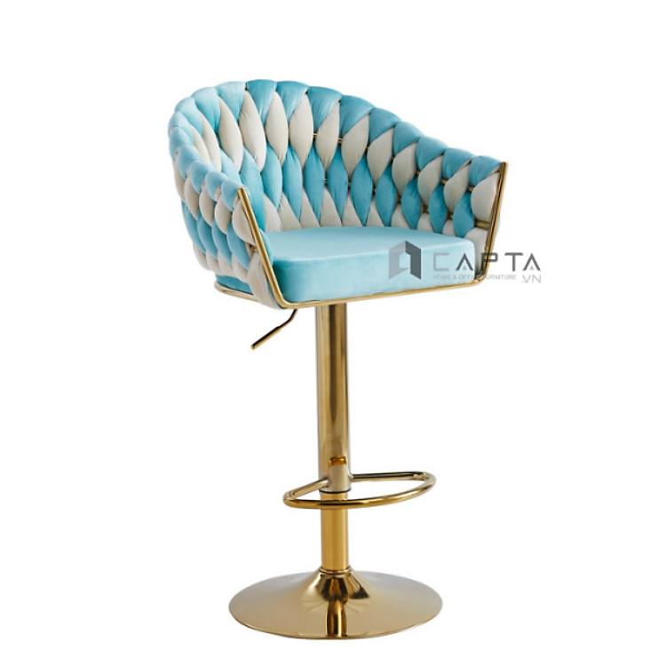 Ghế quầy bar nệm vải nhung chân vàng CB2163B-F Nội thất Capta Ghế quầy lễ tân nệm vải nhung xám xanh dương chân vàng tăng giảm độ cao tại hcm