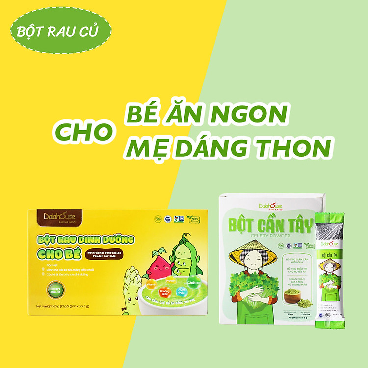 Combo Mẹ & Bé - Bột rau củ dinh dưỡng cho bé Và Bột cần tây cho mẹ Dalahouse - Cung cấp dinh dưỡng xanh cho bé từ rau củ, bột cần tây giúp mẹ dáng thon, khỏe đẹp