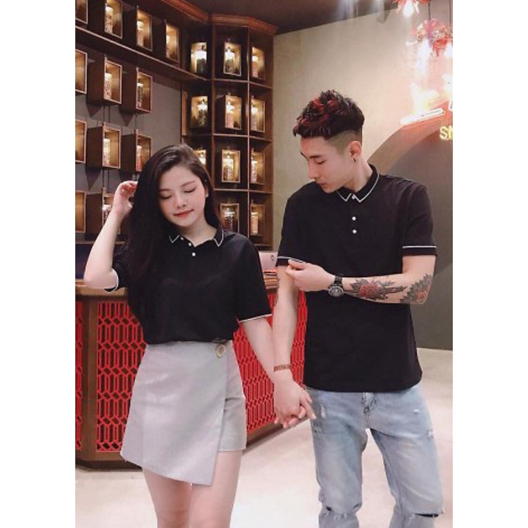 Áo đôi cổ trụ đen viền trắng