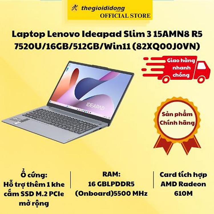 Laptop Lenovo Ideapad Slim 3 15AMN8 R5 7520U/16GB/512GB/Win11 (82XQ00J0VN) - Hàng Chính Hãng