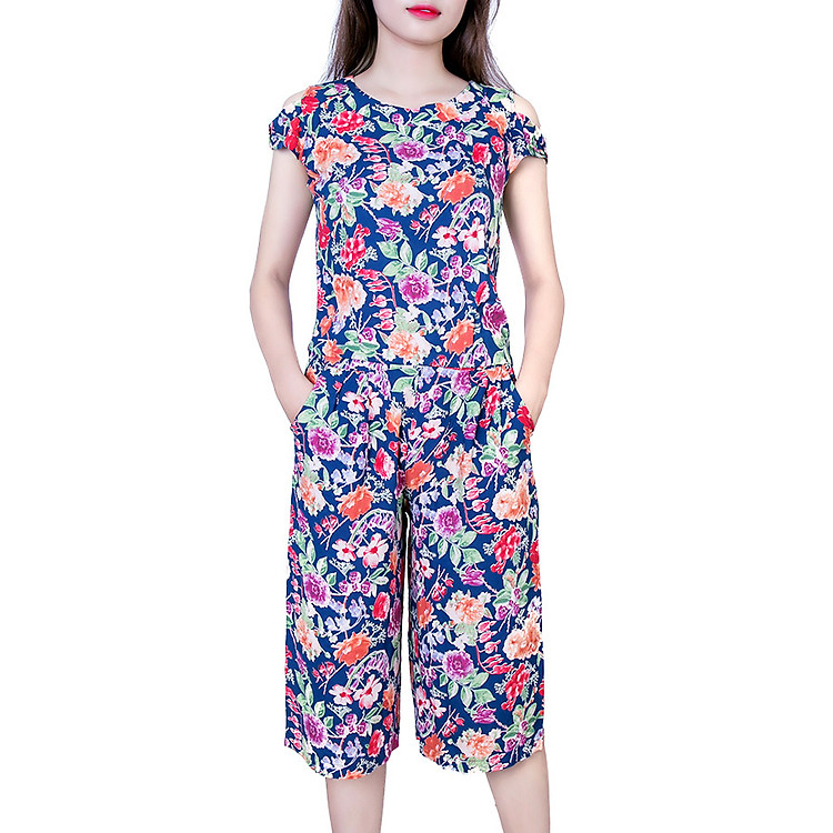 Bộ mặc nhà lanh (tole) Vicci BST.075.6 quần ống sớ trẻ họa tiết hoa nhiều màu nền xanh