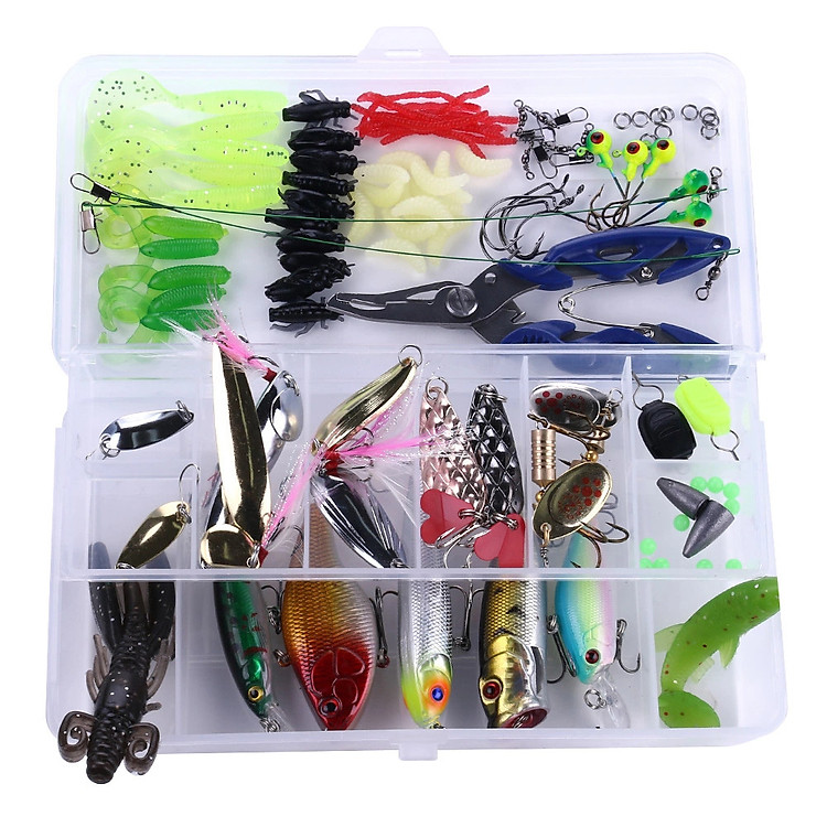 Bộ 110 mồi giả câu lure và phụ kiên câu cá, bộ mồi giả câu cá lóc cá chẽm, hộp mồi câu lure cá quả cá chuối cá tráp hiệu quả