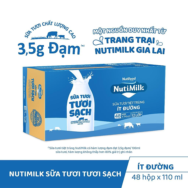 Thùng Sữa Tươi Tươi Sạch Nutimilk ít đường 110ml (Hộp 110ml x 48)