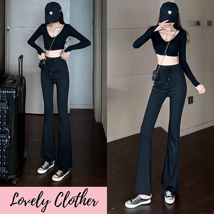 Quần nữ cạp cao, quần nữ ống bass dây thắt eo ống loe chất thun tăm cao cấp màu đen size S M L SKUQ-44