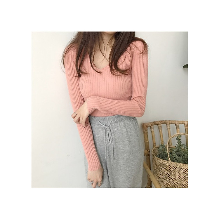 áo len dệt kim nữ cổ V dài tay kẻ sọc theo phong cách Hàn Quốc thiết kế nhẹ nhàng(4 màu hồng kem xám nâu)