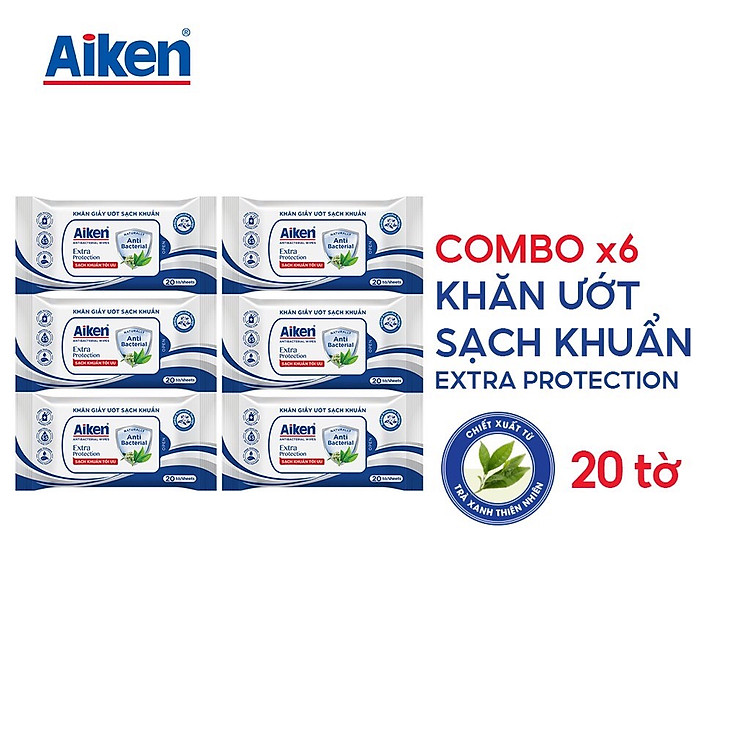 Aiken Combo 6 Gói Khăn Ướt Sạch Khuẩn Chiết Xuất Trà Xanh 20 Tờ/Gói