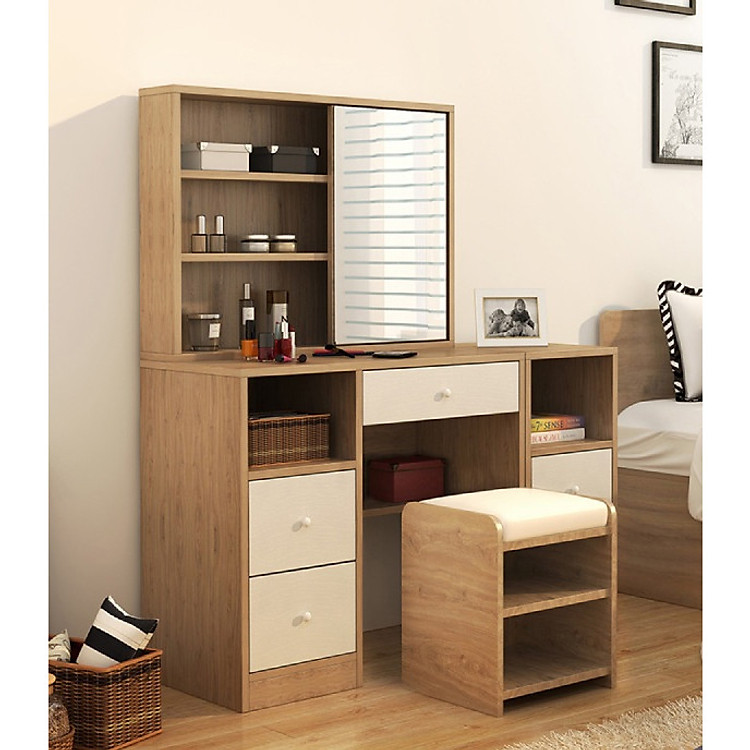 Bàn Trang Điểm Gỗ Cao Cấp Màu Vân Gỗ Kèm Ghế Trang Điểm Hiện Đại (BTD-15)