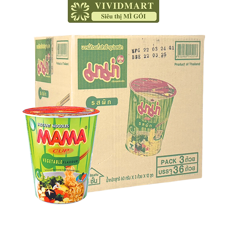 MAMA - Mì ly Mama vị Chay rau củ, Mì Chay rau củ Mama ly, Mì ly Ma Ma chay rau củ, Mì ăn liền Thái Lan (60g/ly)