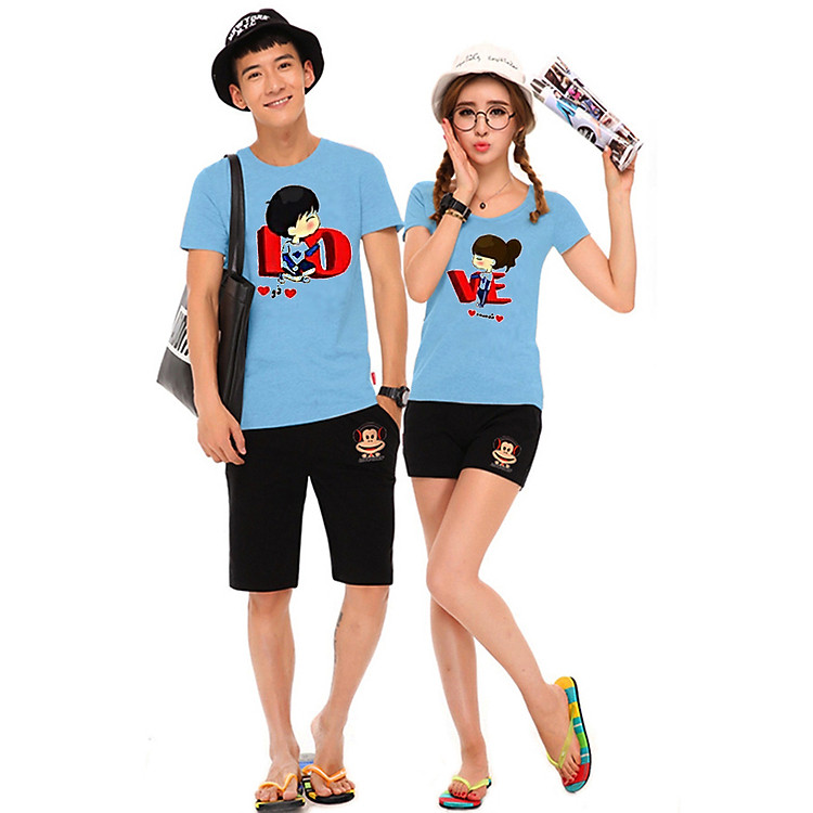 Bộ Áo Thun Đôi Nam Nữ Love Màu Xanh Biển