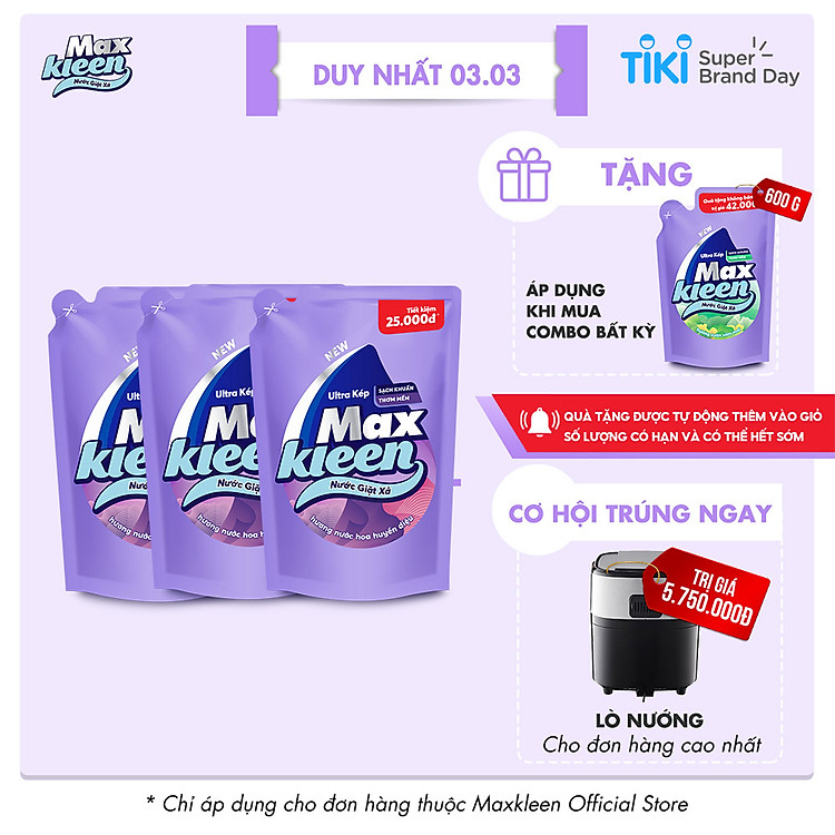 Combo 3 Túi Nước Giặt Xả Maxkleen Hương Nước Hoa Huyền Diệu (2.4kg/túi)