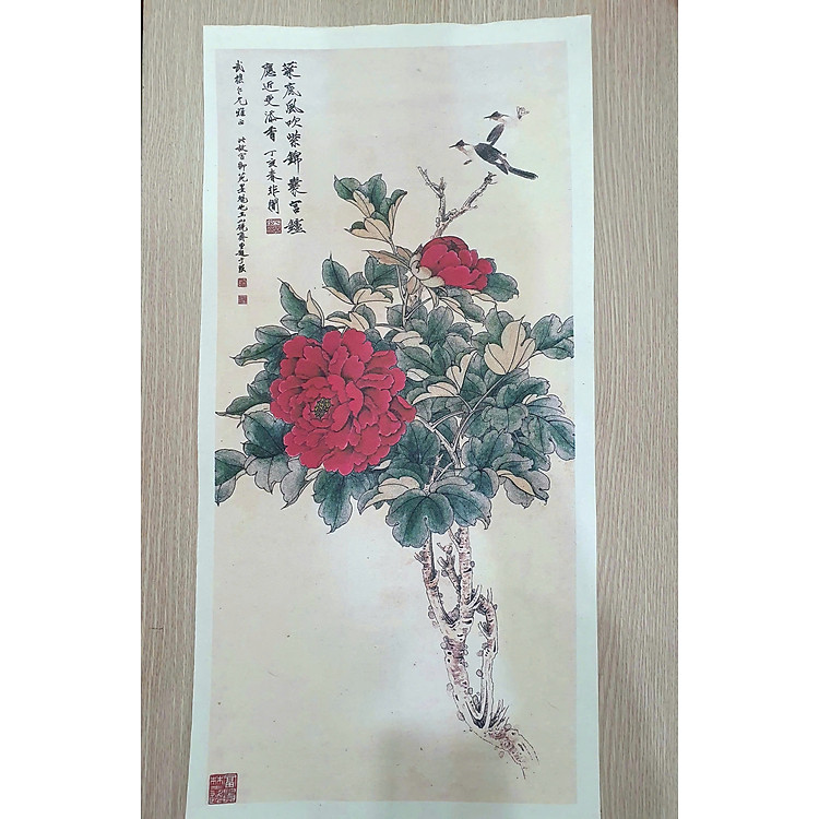 Tranh in giấy dó hoa mẫu đơn phú quý cát tường khổ 30x60cm