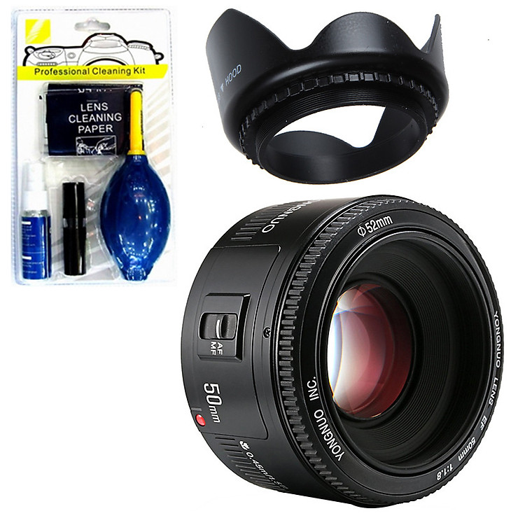 Ống kính Yongnuo 50 F1.8 + Bộ vệ sinh máy + Lens hood (Hàng Nhập Khẩu)