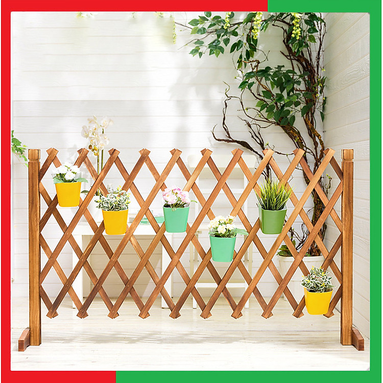 Hàng rào gỗ có thể gấp gọn hay kéo dài tới 200cm để trang trí ban công và sân vườn,Có thể treo chậu cây hoa lên trang trí - Hàng Rào gỗ Trang Trí Ban Công Nhà Cửa Vườn Hoa