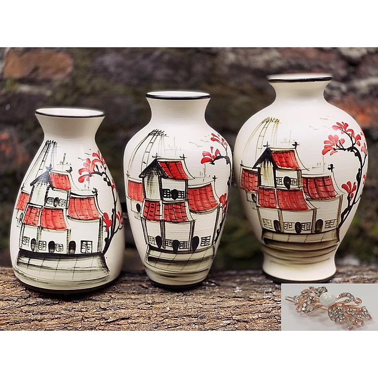 Set 3 Bình Lọ Hoa Mini Họa Tiết Vẽ Tay Tặng Kèm Cặp Tóc Đính Đá - Gốm Sứ Bát Tràng- Trang Trí, Decor Nhà Cửa (Giao mẫu ngẫu nhiên)