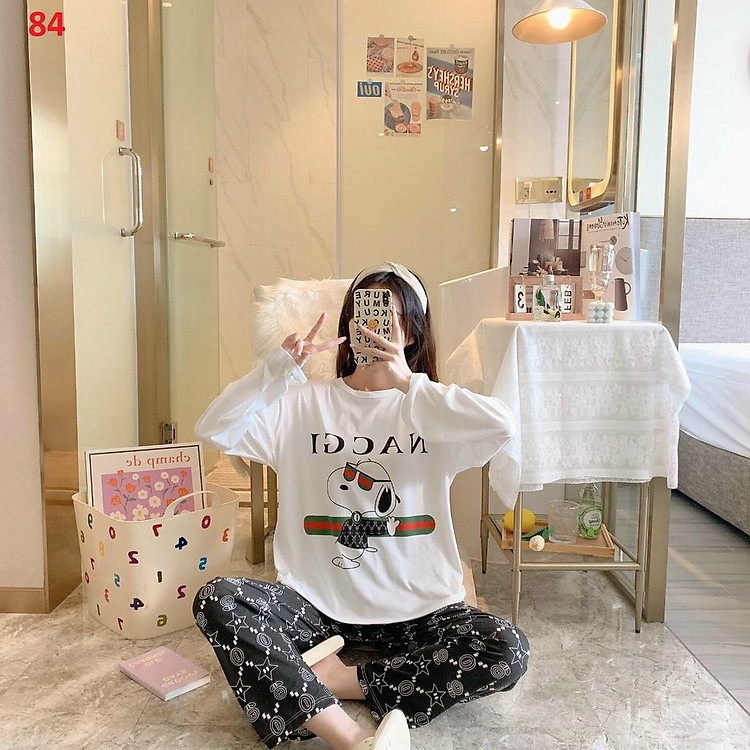 Đồ bộ nữ dài tay, Đồ bộ thu đông dài tay, Đồ bộ mặc ở nhà cho nữ, Đồ bộ ngủ thun dành cho nữ in hình NACGI CỰC HOT