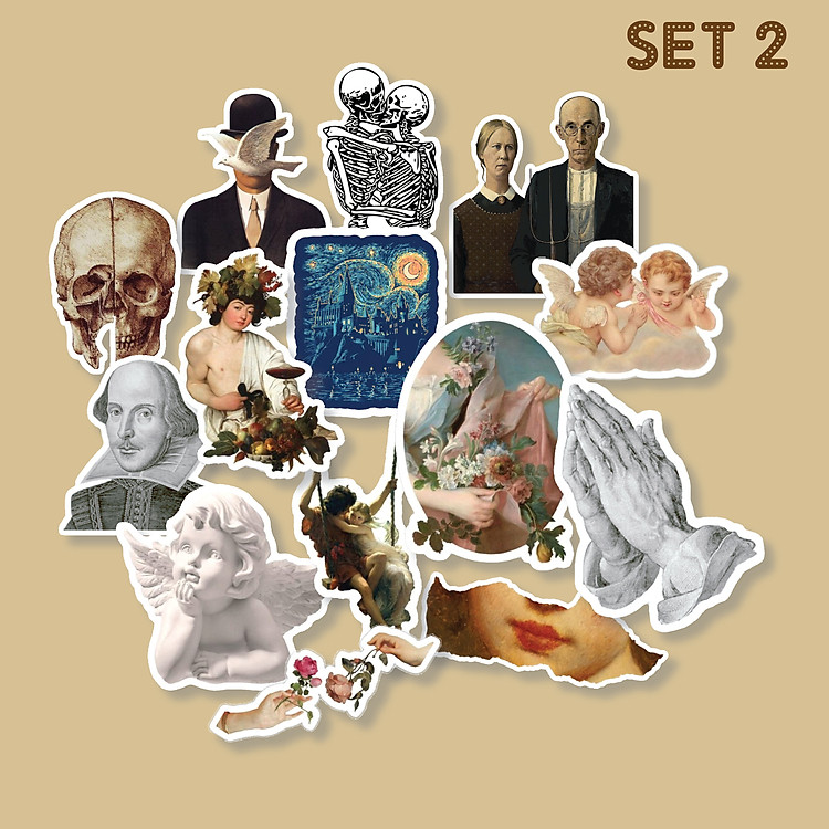 Bộ sticker chống thấm nước trang trí mũ bảo hiểm, laptop chủ đề hội họa cổ điển phong cách vintage classic tranh đêm đầy sao,sóng lừng ( 12 hình)