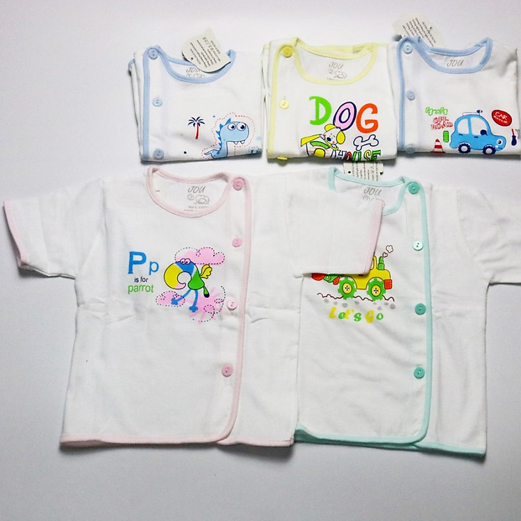 Đồ Sơ Sinh Gồm 5 Áo Cài Bên Tay Ngắn Jou Trắng Cho Bé 0-9 Tháng ( Cotton 100% Cao Cấp )