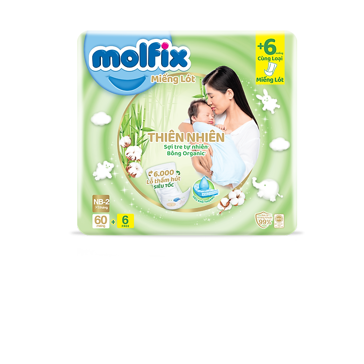 Miếng lót sơ sinh Molfix Thiên nhiên Super Jumbo Newborn 2 (trên 1 tháng tuổi) - Gói 60+6 miếng