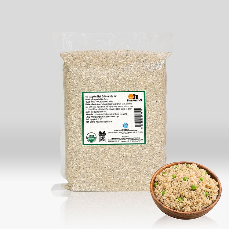 Hạt Quinoa (Diêm Mạch) Trắng Smile Nuts Túi 2kg - Sản phẩm hữu cơ được nhập khẩu từ Peru (Túi Quinoa 2kg tiện dụng và tiết kiệm)