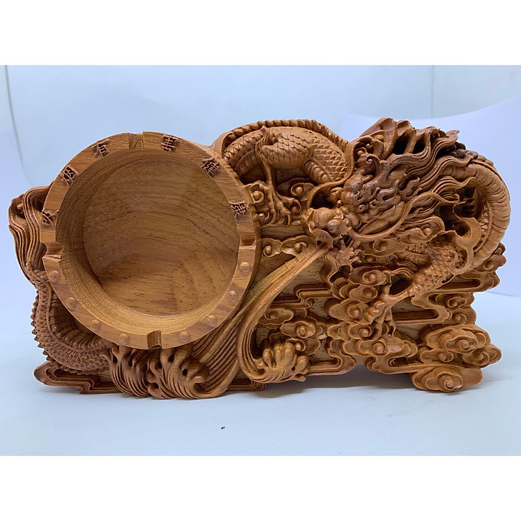 Gạt Tàn Bằng Gỗ Hương Trạm Khắc Rồng ,viền có trạm chữ - Trạm tay