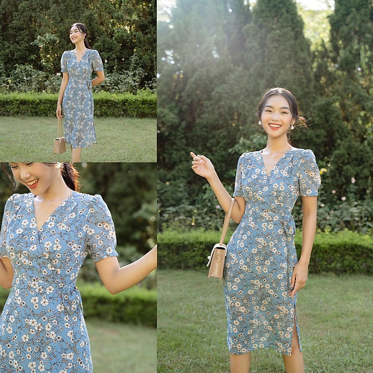 Váy thiết kế, Váy bút chì hoa nhí xanh dương, váy body họa tiết hoa trắng xẻ tà thắt eo e1090